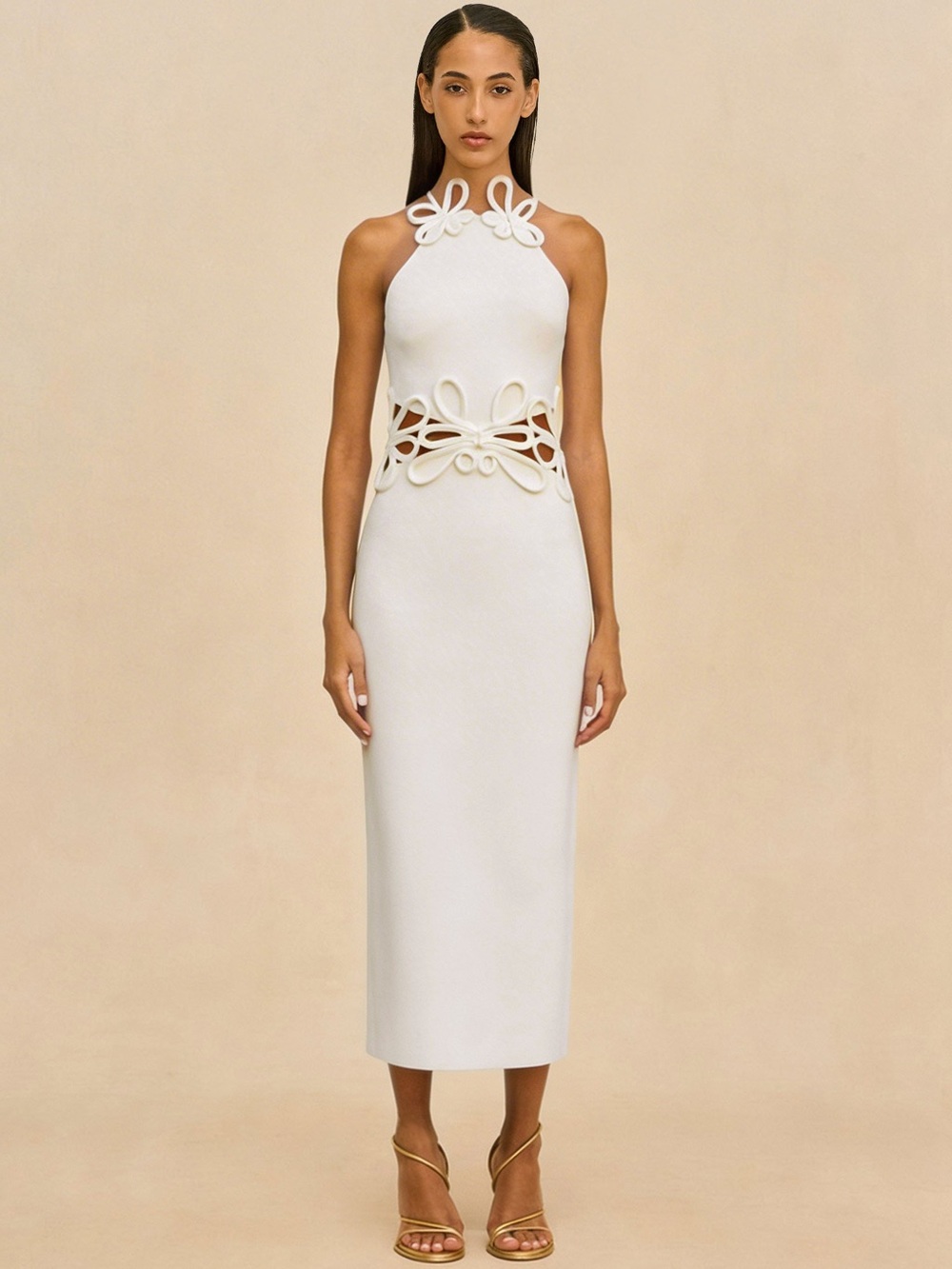 cult gaia Jena Knit Dress Off White Halter Midi Dress Sculpted Cutout Motifs - Picture 3 of 13